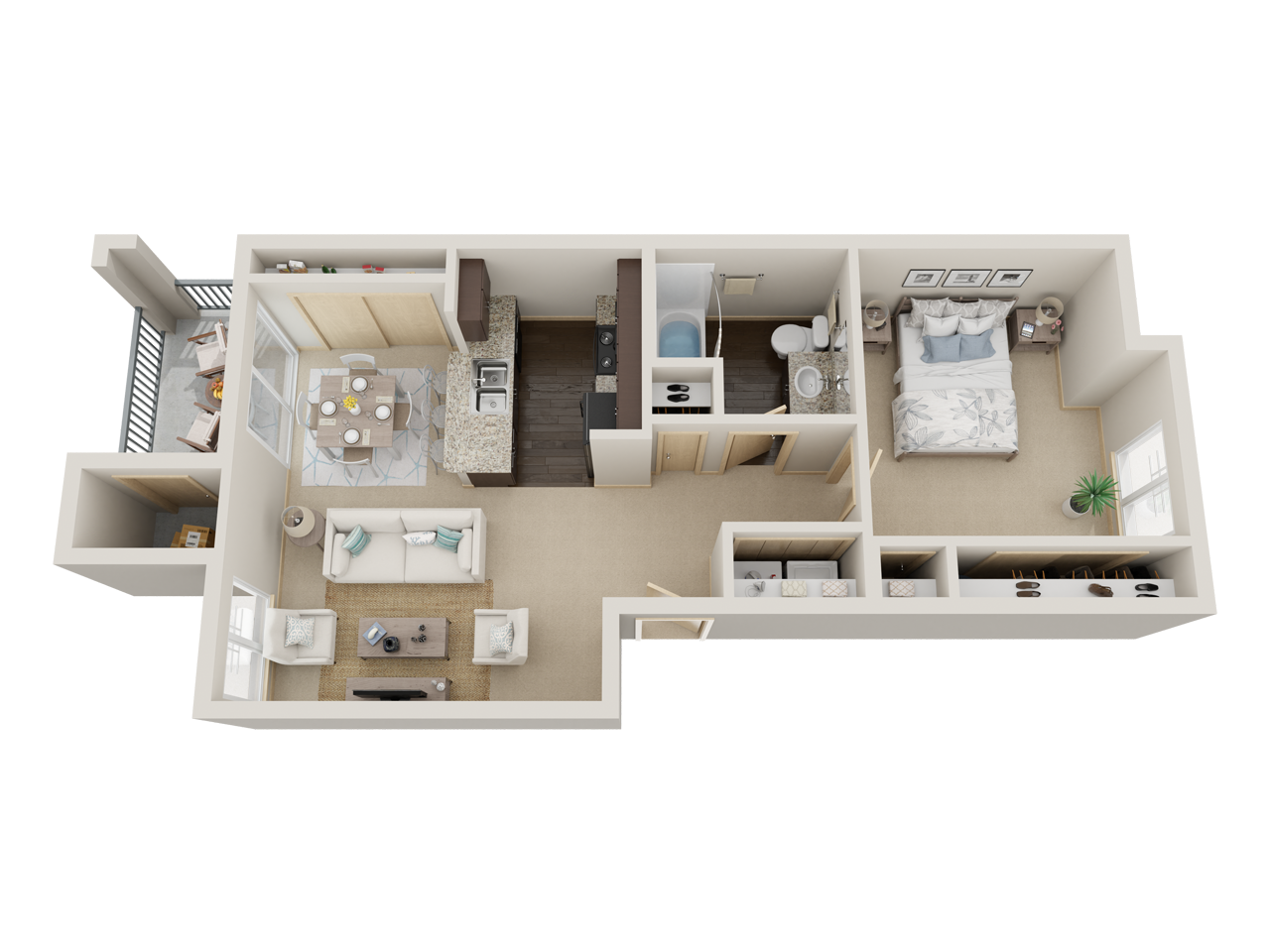 Floor plan for 1 bed, 1 bath, 689 sqft